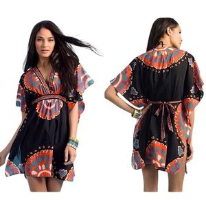 NWOT TRINA TURK Yucateca Black/Multi Color Coverup Dress Caftan w/ Tie Small